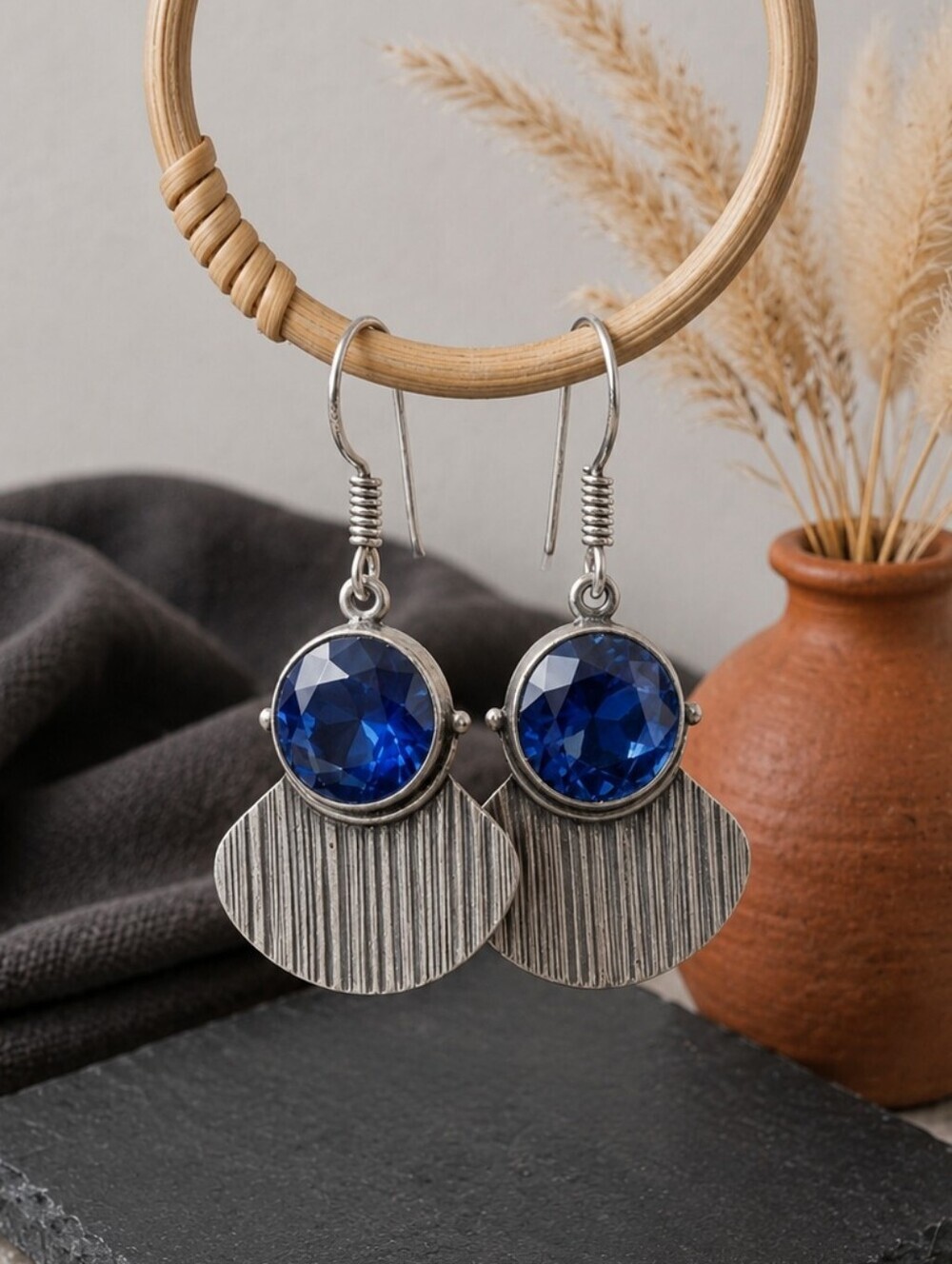 Silver Drop Earrings Blue Crystal 925 Sterling Textured Fan Artisan Boho 1.8" - Picture 15 of 17